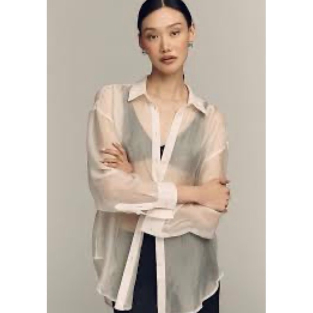 NWT Anthropologie Sheer Cupro Blend Button Down Shirt Cream Cream S NEW